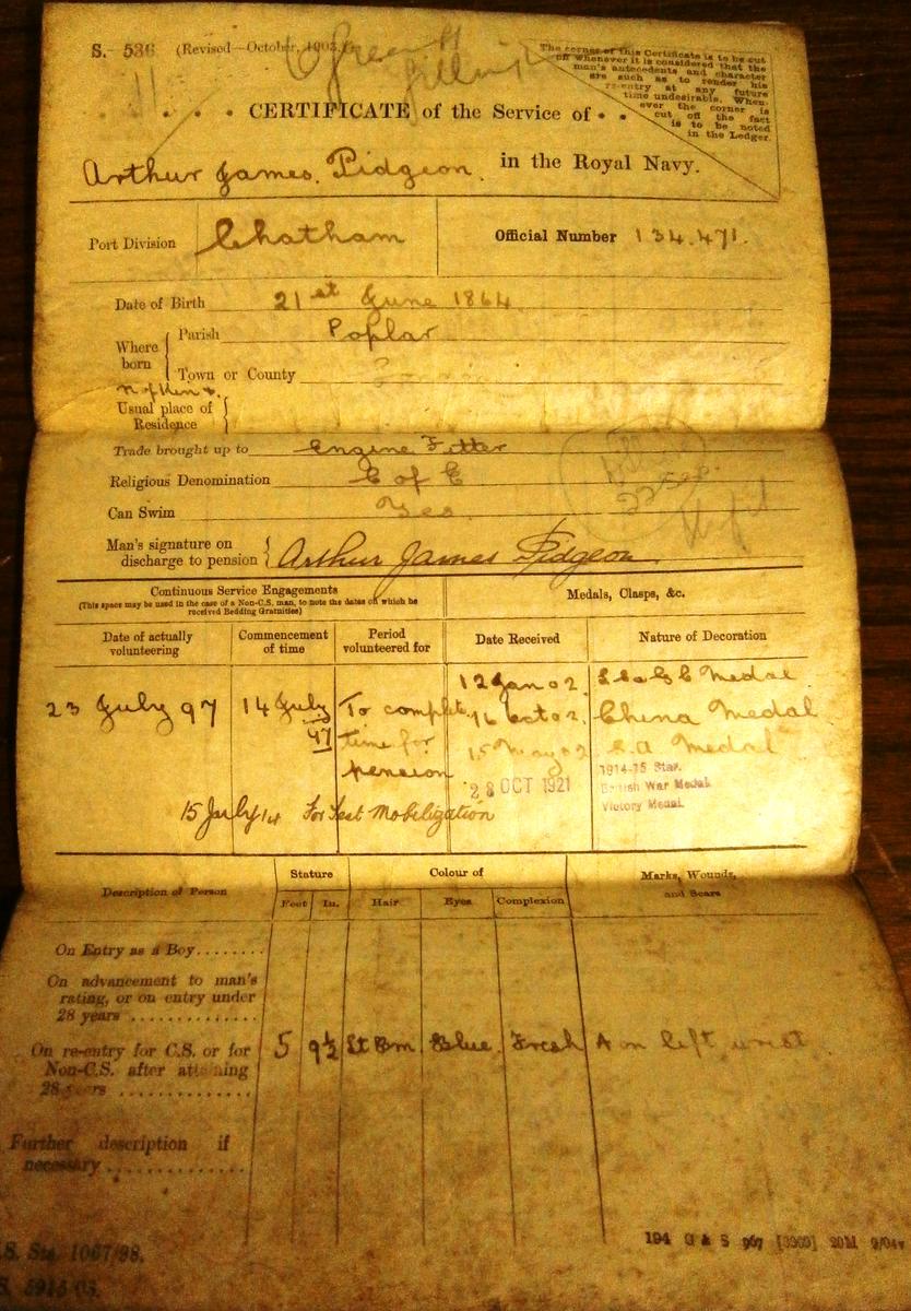 Royal Navy Service record for Arthur James Pidgeon, concluding career